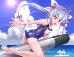  1girl blue_hair blush breasts clouds hair_ornament hair_ribbon i-19_(kantai_collection) kantai_collection large_breasts long_hair looking_at_viewer one-piece_swimsuit open_mouth outstretched_arm red_eyes ribbon satomura_kyou school_swimsuit sky smile solo star star-shaped_pupils sun swimsuit symbol-shaped_pupils torpedo twintails 