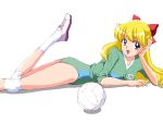  1girl :d aino_minako arm_support bishoujo_senshi_sailor_moon blonde_hair blue_eyes bow earrings hair_bow jewelry kinfuji knee_pads long_hair long_sleeves looking_at_viewer lying on_stomach open_mouth shadow shoes simple_background smile socks solo sportswear v-neck volleyball volleyball_uniform white_background white_legwear 