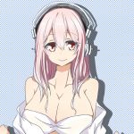  1girl bare_shoulders blush breasts cleavage headphones large_breasts long_hair looking_at_viewer nitroplus off_shoulder pink_hair red_eyes smile solo super_sonico 