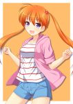  1girl :d blue_eyes collarbone cowboy_shot female hair_bobbles hair_ornament hoodie inaba_kyouko jigoku_sensei_nube kk-sk-ray long_hair looking_at_viewer open_mouth orange_hair shirt shorts smile solo striped striped_shirt twintails 