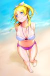  1girl ayase_eli bare_shoulders beach bikini blonde_hair blue_eyes breasts cleavage earrings highres jewelry large_breasts love_live!_school_idol_project navel o-ring_top ponytail smile solo striped striped_bikini striped_swimsuit swimsuit yuuki1103 