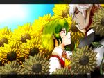  1boy 1girl armor buront crossover final_fantasy final_fantasy_xi flower green_hair kazami_yuuka maruman pointy_ears red_eyes short_hair silver_hair sunflower the_iron_of_yin_and_yang touhou vest 