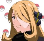  1girl black_eyes blonde_hair hair_ornament hair_over_one_eye long_hair poke_ball_print pokemon shirona_(pokemon) smile wittsu 