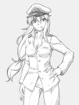  1girl breasts character_request cigarette cleavage epaulettes greyscale hand_on_hip hat long_hair low-tied_long_hair military military_uniform monochrome ootsuki_wataru peaked_cap scrunchie sketch solo uniform 