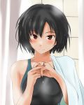  1girl amagami black_eyes black_hair blush competition_swimsuit jewelry looking_at_viewer murasaki_iro nanasaki_ai one-piece_swimsuit revision ring short_hair smile solo swimsuit towel wet 