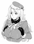  1girl atago_(kantai_collection) beret bowtie breast_squeeze breasts bust epaulettes gloves greyscale hat kantai_collection large_breasts long_hair long_sleeves monochrome nathaniel_pennel simple_background solo white_background 