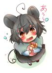  1girl absurdres ahoge animal_ears asyuaffw brown_eyes chibi from_above gift grey_hair highres holding looking_at_viewer mouse_ears mouse_tail nazrin open_mouth short_hair sketch solo tail touhou translation_request wavy_mouth 
