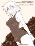  1girl arms_behind_back blush breasts embarrassed greyscale mizuhashi_parsee monochrome one-piece_swimsuit ootsuki_wataru pointy_ears short_hair solo swimsuit touhou translation_request wet wet_clothes wet_swimsuit wristband 