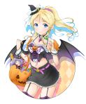  1girl ayase_eli bat_wings blonde_hair blue_eyes candy choker costume crop_top garter_straps halloween love_live!_school_idol_project mini_hat navel ponytail purple_hair ratryu skirt thigh-highs toujou_nozomi twintails wings 