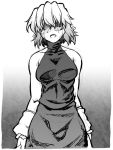  1girl arm_warmers bare_shoulders breasts covered_eyes crying dress greyscale hair_over_eyes halterneck mizuhashi_parsee monochrome ootsuki_wataru pointy_ears shaded_face short_hair solo tears touhou 