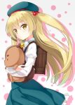  1girl bag blonde_hair carrying child hair_bobbles hair_ornament hat himeki_chifuyu holding hyuuga_azuri inou-battle_wa_nichijou-kei_no_naka_de long_hair looking_at_viewer school_bag school_hat school_uniform solo stuffed_squirrel two_side_up yellow_eyes 