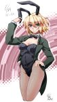  1girl :c animal_ears blonde_hair blush bowtie breasts bunny_girl bunnysuit cleavage coattails contrapposto cropped_legs detached_collar fishnet_pantyhose fishnets green_eyes hand_on_hip jacket mizuhashi_parsee ootsuki_wataru pantyhose pointy_ears rabbit_ears short_hair solo touhou 