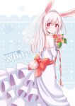  1girl animal_ears blush bunny_tail dress flower from_behind highres long_hair looking_back original rabbit_ears snowflakes snowmi solo tail wedding_dress 