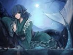  1girl against_rock blue_eyes blue_hair bubble frilled_kimono head_fins japanese_clothes kimono lying mermaid monster_girl obi parted_lips partially_submerged sash sky solo touhou tree_branch tsuizi wakasagihime water 