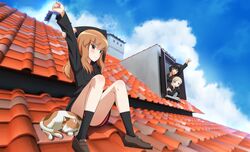  3girls black_hair blonde_hair blue_eyes blush brown_eyes brown_hair building cat clouds convenient_leg fernandia_malvezzi kaneko_(novram58) loafers long_hair looking_at_another luciana_mazzei martina_crespi multiple_girls pointing rooftop shoes short_hair side_ponytail sky socks stretch strike_witches uniform window 