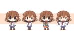  &gt;_&lt; /\/\/\ apron ascot black_legwear blush_stickers brown_hair c: chibi fang flying_sweatdrops hair_ornament hairclip heart ikazuchi_(kantai_collection) kantai_collection oven_mitts pot sailor_collar shiro_to_yama skirt solid_circle_eyes waving_arms 