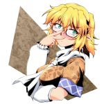  1girl adjusting_glasses arm_warmers bespectacled blonde_hair blush breasts bust glasses green_eyes large_breasts mizuhashi_parsee ootsuki_wataru pointy_ears scarf semi-rimless_glasses short_hair solo touhou under-rim_glasses 