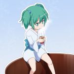  1girl blush bucket canned_coffee cato_(monocatienus) green_eyes green_hair hair_bobbles hair_ornament kisume legs open_mouth outline robe sash sitting_on_object solo steam touhou twintails 