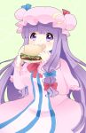  1girl commentary eating food hamburger nashira_(shioiri) open_mouth patchouli_knowledge solo touhou 