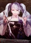  1girl alternate_hair_color brown_eyes duto hair_bobbles hair_ornament league_of_legends looking_at_viewer silver_hair smile solo sona_buvelle 