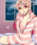  1girl blonde_hair blue_sky breasts cleavage clouds collarbone ear_piercing eyelashes fang gradient gradient_background gradient_hair hair_flaps hair_ornament hair_ribbon hair_strand hairclip heart hoodie kantai_collection large_breasts long_hair looking_at_viewer multicolored_hair naked_hoodie no_pants open_mouth piercing pink_background red_eyes redhead ribbon shisei_(kyuushoku_banchou) sky smile solo spread_legs sweatshirt unzipped very_long_hair window yuudachi_(kantai_collection) 