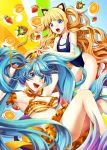  2girls armpits arms_up bikini bikini_skirt blonde_hair blue_eyes blue_hair fang female food frilled_bikini frills fruit hair_ribbon hatsune_miku highres iso1206 long_hair multiple_girls one-piece_swimsuit open_mouth orange ribbon seeu strawberry striped striped_bikini striped_swimsuit swimsuit twintails very_long_hair vocaloid 