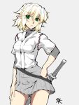  1girl alternate_costume blonde_hair breasts contrapposto green_eyes hand_on_hip hand_on_thigh head_tilt mizuhashi_parsee ootsuki_wataru pointy_ears scabbard sheath sheathed short_hair short_sleeves skirt solo sword touhou weapon 