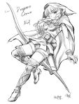  1girl ;) arrow belt boots bow_(weapon) braid cloak dragon&#039;s_crown elf elf_(dragon&#039;s_crown) gloves greyscale long_hair monochrome one_eye_closed ootsuki_wataru pointy_ears quiver shorts sketch small_breasts smile solo thigh-highs thigh_boots tunic twin_braids weapon 