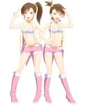  2girls absurdres boots bra brown_eyes brown_hair futami_ami futami_mami highres idolmaster locked_arms long_hair multiple_girls salute short_hair shorts siblings side_ponytail sisters takahirokun twins underwear v 