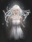  1girl arms_behind_back bare_shoulders black_background closed_eyes dress highres jason_peng long_hair monogatari_(series) realistic red_eyes sengoku_nadeko sleeveless snake_hair solo white_dress white_hair 