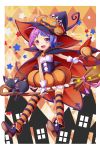  1girl :d ahoge broom cape cat gradient_hair hair_ornament hairclip halloween hat holding looking_at_viewer multicolored_hair open_mouth original riding shoes short_hair smile solo striped striped_legwear thigh-highs violet_eyes wand witch_hat yuzu-aki zettai_ryouiki 