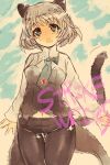  1girl animal_ears black_legwear blush cat_ears cat_tail clouds coattails copyright_name flying_sweatdrops highres hiiragi_miko long_sleeves military military_uniform navel necktie open_mouth pantyhose sanya_v_litvyak short_hair silver_hair sky solo star strike_witches tail uniform 