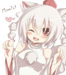  1girl animal_ears bare_shoulders blush breasts character_name detached_sleeves fang hat heart inubashiri_momiji looking_at_viewer one_eye_closed open_mouth otowa_(otoha4634) paw_pose pom_pom_(clothes) red_eyes short_hair silver_hair simple_background solo tail tokin_hat touhou white_background wink wolf_ears wolf_tail 