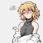  1girl bare_shoulders blonde_hair blush breast_conscious collarbone directional_arrow flat_chest green_eyes halterneck mizuhashi_parsee ootsuki_wataru pointy_ears short_hair sketch solo squiggle touhou undressing 