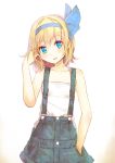  1girl alice_margatroid alice_margatroid_(pc-98) bare_arms blonde_hair blue_eyes chemise collarbone culter hair_ribbon hand_in_hair hand_in_pocket ribbon shirt skirt smile solo suspenders touhou touhou_(pc-98) 
