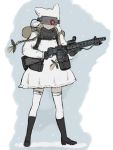  1girl animal_hat backpack bag black_boots blonde_hair boots braid coh dress gun hair_ribbon hat holding long_hair long_sleeves mars_expedition military military_uniform ribbon simple_background snow snowing solo soviet standing thigh-highs twin_braids uniform weapon weapon_request white_background white_dress white_legwear zettai_ryouiki 
