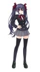  1girl absurdres alternate_costume black_hair black_legwear blazer bow breasts choujigen_game_neptune hair_bow highres long_hair neptune_(series) noire red_eyes school_uniform skirt solo thigh-highs twintails zettai_ryouiki 