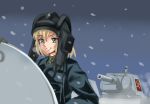 1girl blonde_hair blue_eyes bust girls_und_panzer grin helmet longmei_er_de_tuzi looking_at_viewer military military_uniform military_vehicle original pravda_(emblem) short_hair sketch smile snow snowing soldier solo t-34 tank uniform vehicle world_war_ii