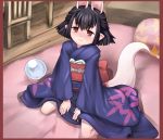  animal_ears bed black_hair brown_eyes character_request crystal_ball fox_ears japanese_clothes kimono pointy_ears short_hair sitting smile tail 
