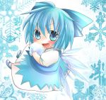  &gt;:d 1girl :d ahoge asyuaffw blue_eyes blue_hair bow chibi cirno fang hair_bow hair_ribbon highres holding ice looking_at_viewer open_mouth ribbon short_hair smile snowflakes solo touhou wings 