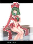  1girl adapted_costume bikini bow breasts faux_traditional_media frills front_ponytail green_eyes green_hair hair_bow hair_ribbon highres kagiyama_hina long_hair midriff namauni popsicle red_swimsuit ribbon side-tie_bikini sitting solo swimsuit touhou 