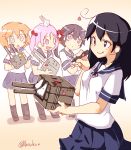  4girls akebono_(kantai_collection) bell black_hair black_legwear flower hair_ornament heart kantai_collection long_hair marker multiple_girls nassukun oboro_(kantai_collection) open_mouth orange_hair pink_hair purple_hair rabbit sazanami_(kantai_collection) school_uniform serafuku short_hair side_ahoge side_ponytail tagme tongue tongue_out twintails twitter_username ushio_(kantai_collection) 