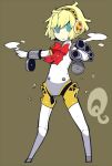  1girl aegis aegis_(persona) blonde_hair blue_eyes bow bullet_casing dowman_sayman persona persona_3 persona_q robot robot_girl robot_joints robotic_arms simple_background solo 