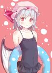  1girl arms_behind_back bat_wings collarbone culter flat_chest hat hat_ribbon innertube mob_cap pointy_ears red_eyes remilia_scarlet ribbon silver_hair smile solo swimsuit touhou wings 