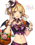  1girl :d ayase_eli bat_wings blonde_hair blue_eyes blush breasts bust candy dated detached_collar double_bun happy_birthday hat jack-o&#039;-lantern lollipop looking_at_viewer love_live!_school_idol_project midriff mini_hat momoko_(momopoco) navel open_mouth ponytail smile solo star white_background wings witch_hat wrist_cuffs 