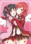  2girls angel_wings black_hair blush bow emilion hair_bow heart hug long_hair long_sleeves looking_at_viewer love_live!_school_idol_project multiple_girls nishikino_maki open_mouth pleated_skirt red_eyes redhead short_hair skirt smile thigh-highs twintails violet_eyes wings yazawa_nico 