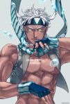  1boy bubble caesar_anthonio_zeppeli facial_mark feathers fighting_stance glowing glowing_eyes green_eyes hair_feathers headband jojo_no_kimyou_na_bouken open_clothes open_vest solo vest white_hair yamu1620 