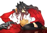  1boy 1girl archer armor black_hair black_legwear fate/stay_night fate_(series) haru_(inamura4) highres lap_pillow long_hair looking_at_another lying shoes short_hair skirt thigh-highs tohsaka_rin toosaka_rin twintails 