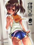  1girl ass blush brown_hair hair_ornament hand_on_head i-401_(kantai_collection) kantai_collection long_hair looking_at_viewer one-piece_tan ponytail red_eyes school_swimsuit solo swimsuit swimsuit_pull tan tanline tokita_monta twitter_username 