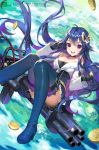  1girl :d bare_shoulders black_gloves black_legwear blue_hair boots breasts brooch choker cleavage coin flower gatling_gun gloves gun hair_flower hair_ornament jewelry long_hair midair multicolored_hair open_mouth original purple_hair smile solo sparkle thigh-highs thigh_boots tob two-tone_hair very_long_hair violet_eyes weapon 